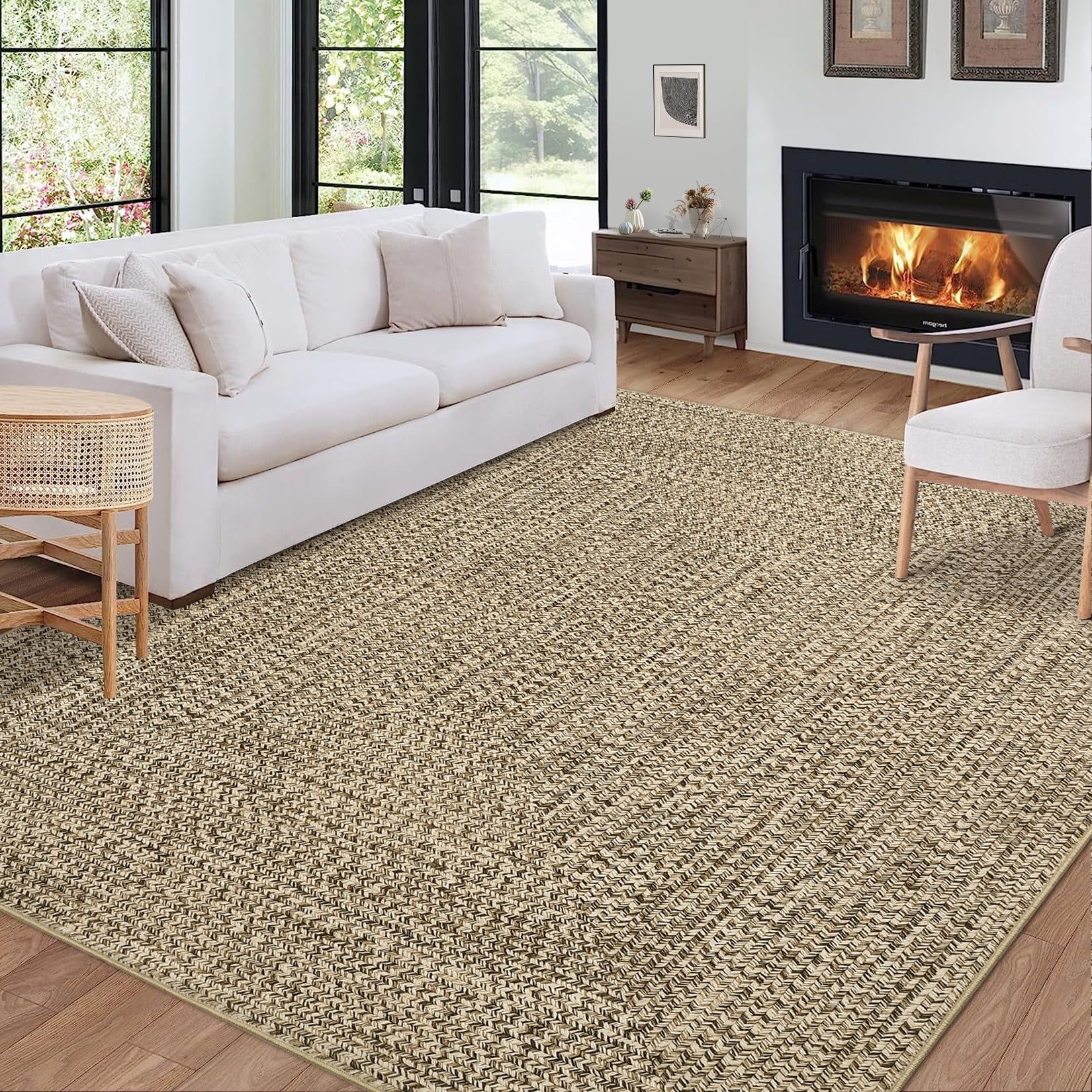 COZONY Washable 8'x10' Area Rug for Living Room, Printed Braided Look Carpet, Non-Slip, Stain-Resistant Faux Wool Rug for Bedroom, Nursery & Dining Room, Beige