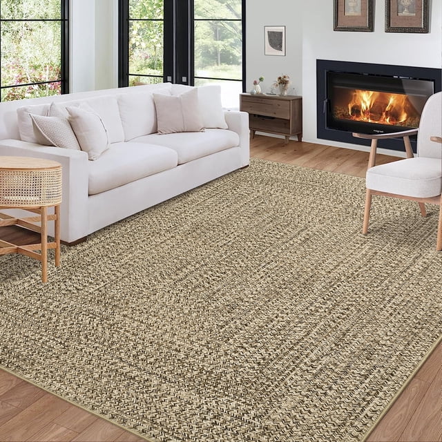 HOMERRY 5' x 7' Modern Area Rug for Living Room Braided Print Indoor Washable Neutral Carpet, Yellow Blue