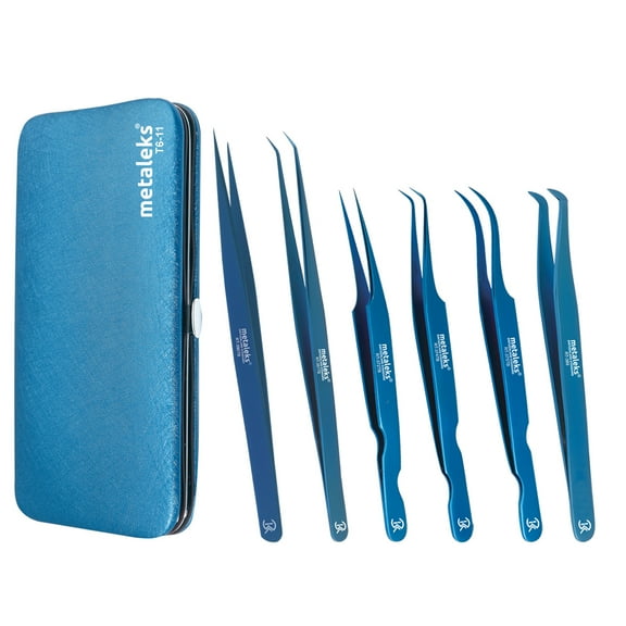6PCS Complete Blue Titanium Coated Volume Tweezers Eyelash Extension Set With Blue Metallic Magnetic Pouch