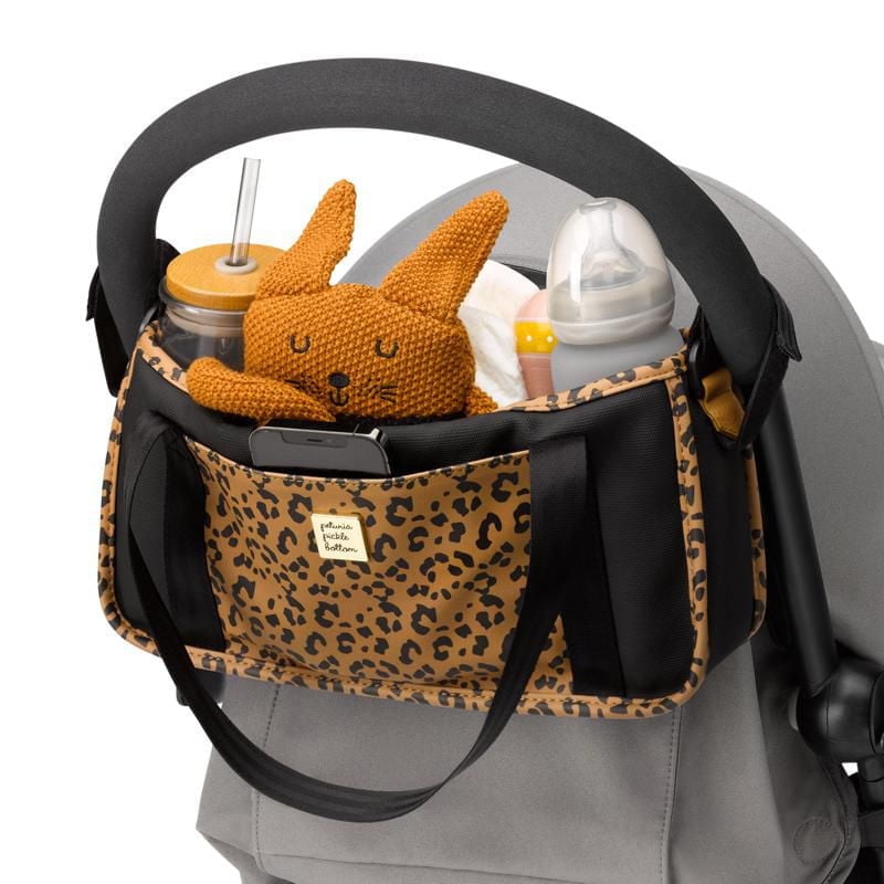 Petunia Pickle Bottom Wander Stroller Caddy in Leopard Leatherette - Velcro Adjustable - Easy to Clean - Cup/Bottle Holder - Phone Pocket - Shoulder to Stroller Straps
