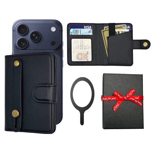 for MagSafe Phone Wallet Magnetic Card Holder for iPhone 17/16/15/14/13/12/Pro/Max/Plus,RFID Blocking Strong Magnet Wallets for MagSafe Phones and Cases,Hold 5 Cards,Strap Stand Leather Black