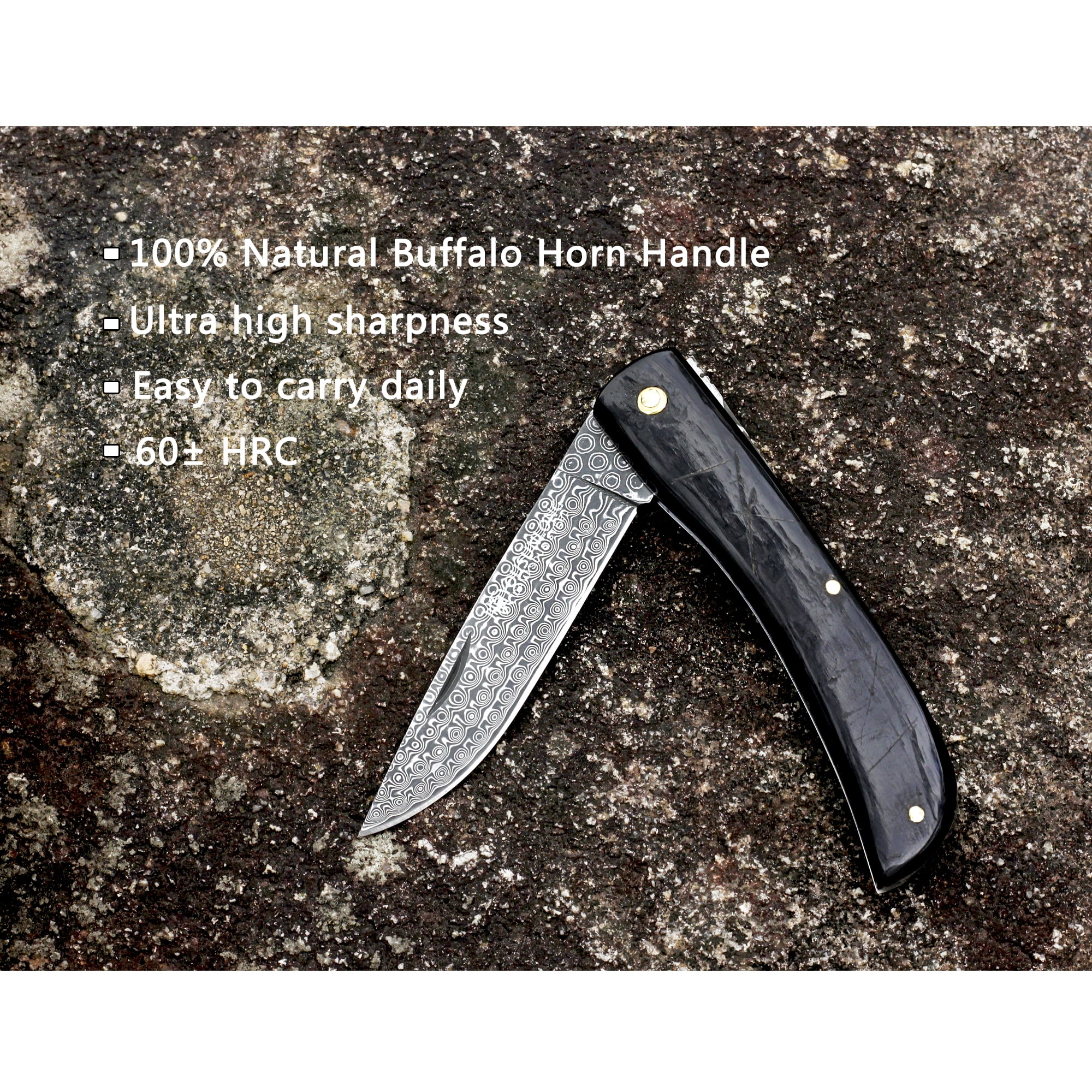 YOUSUNLONG Folding Knife - Pocket Knife Overall 190mm Japanese Damascus Steel Blade Natural Buffalo Horn Handle