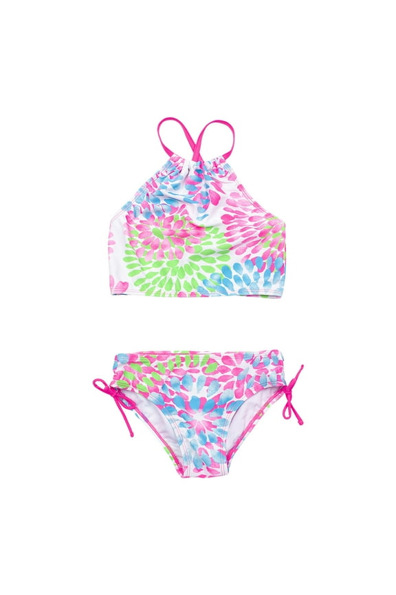2 Pcs Girl Swimwear Floral Tops Drawstring Bikini Bottoms Suit Girls Suit Girls Bikini New Split Water Drop Print Bikini Swimwear Beach Bathing Suit for Summer Vacation 9-10 Years Pink