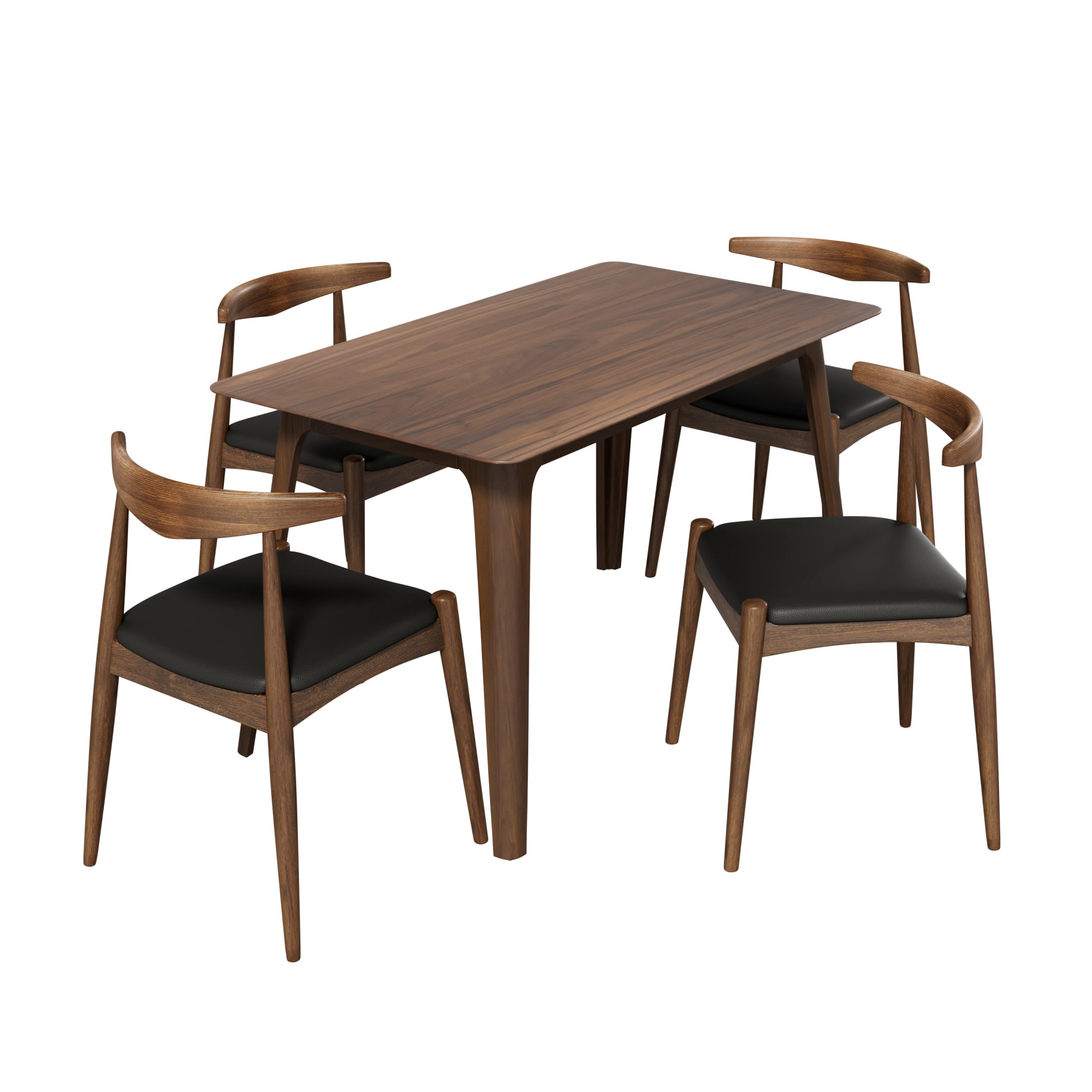 Christopher Knight Home 5-Piece Mid-Century Modern Dining Set, Wood Frame with Leather Seat, Walnut+Black