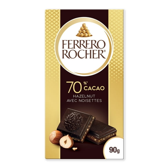 FERRERO ROCHER Premium Chocolate Bar, 70% Cacao Dark Chocolate with Hazelnut, 90g