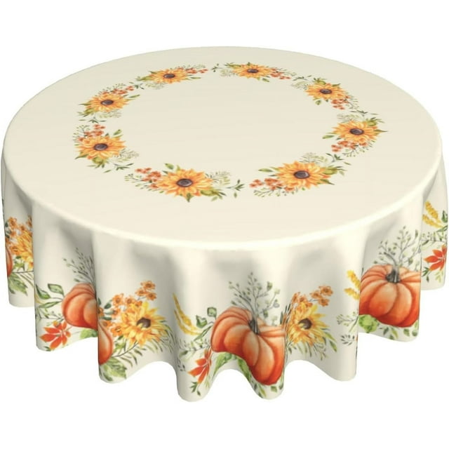 Fall Autumn Round Tablecloth 60Inch Pumpkin Sunflower Circle Reusable Heat Resistant Washable Table Cloth Cover for Kitchen Dining Seasonal Holiday Farmhouse Decor