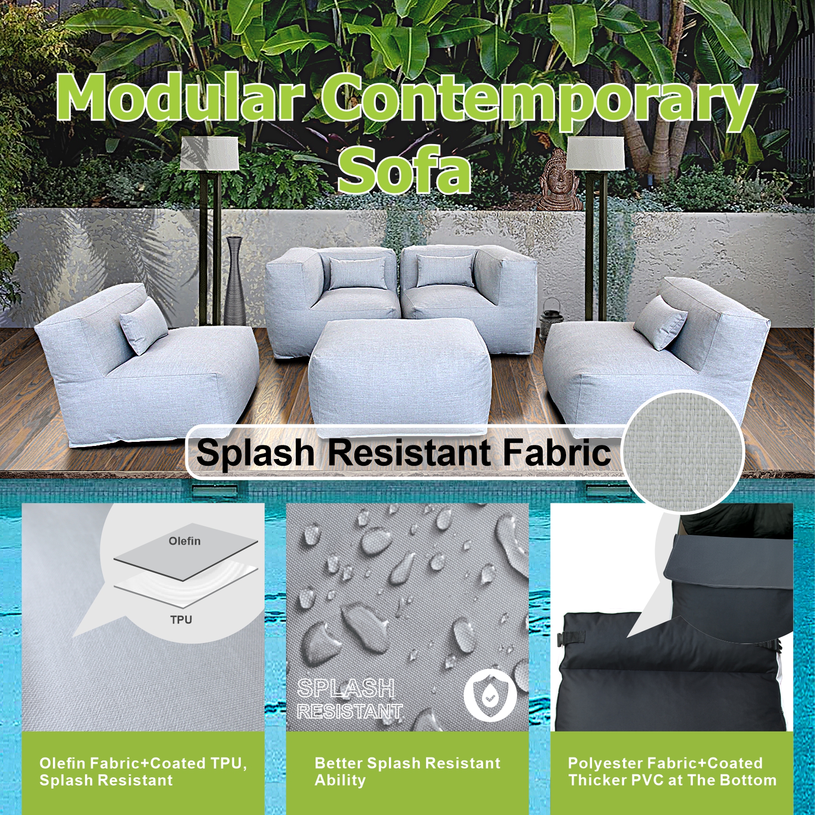 5 Pieces Olefin Patio Conversation Set with Thickened Cushions 4-Seat Outdoor Furniture Set with Bean Bag Chairs (Light Gray)
