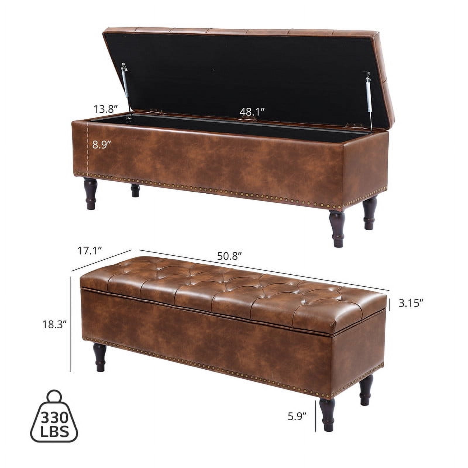 Dycanpo 50.8" Faux Leather Storage Ottoman Bench Storage Chest for Bedroom,Entryway,Red-brown