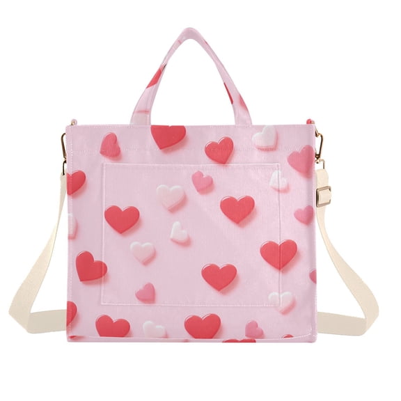 Valentine's Day Hearts Corduroy Tote Bag Handbag Large Messenger Bag Shoulder Crossbody Zipper Bag Purse