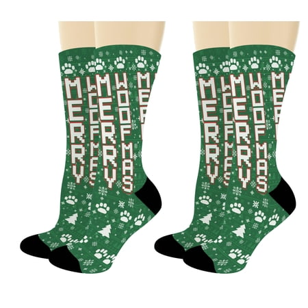 ThisWear Dog Christmas Presents Merry Woofmas Dog Novelty Paw Print Winter Socks 2-Pair Novelty Crew Socks