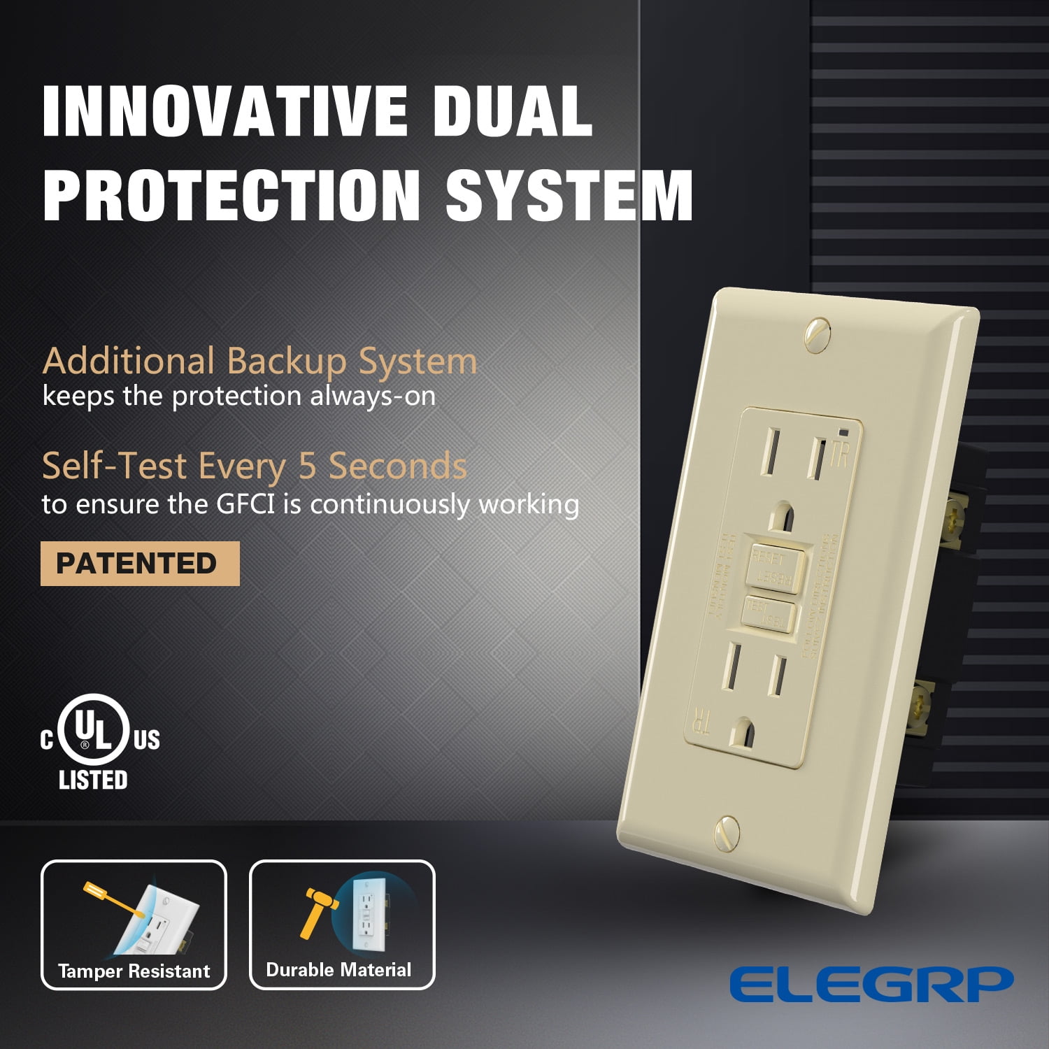 GFCI Outlet 15 Amp, Self-Test GFCI Electrical Outlet with Thinner Design, TR Tamper Resistant GFCI Receptacle, Ground Fault Circuit Interrupters with Wall Plate, UL Listed, Light apricot 2PC