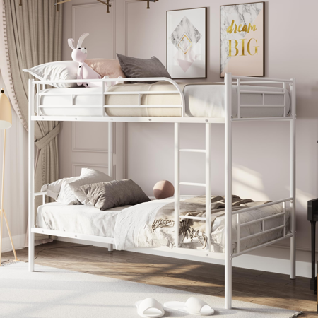Jump Into Fun Bunk Bed Twin over Twin  Metal Bunk Bed for Kids Teens Adults Convertible into 2 Bed with 42 Sturdy Slats  Guard Rail & Ladder  Hold 600lb Bunk Bed for Guest Room  Noise Free  White