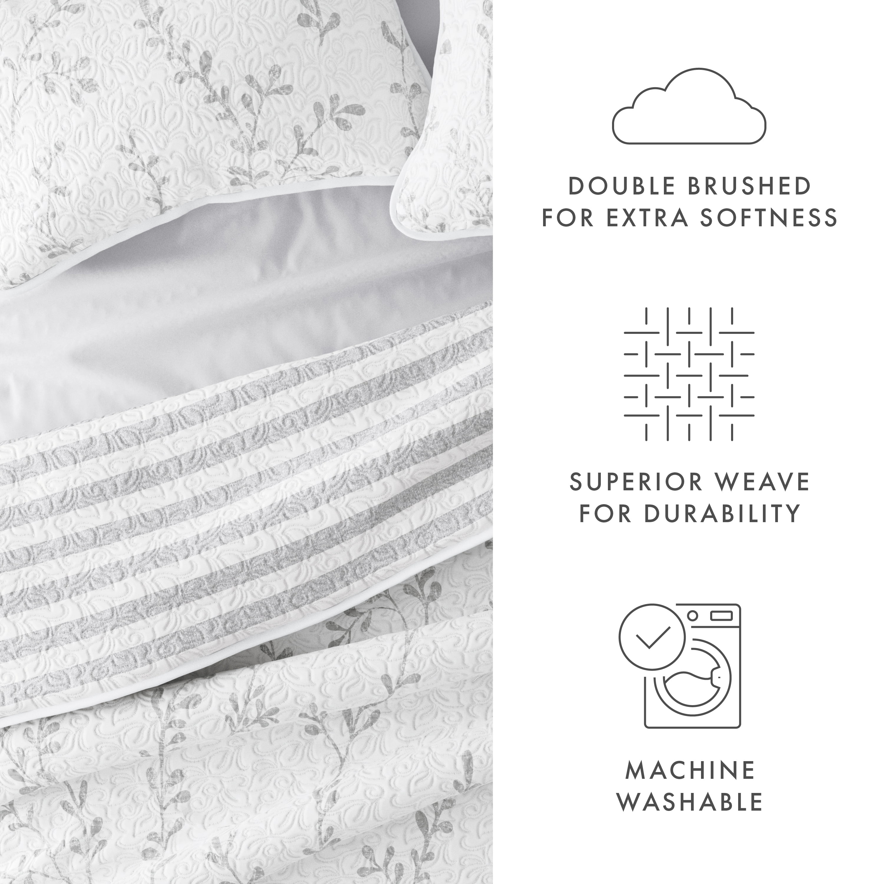 Noble Linens Light Gray 3 Piece Sprouting Vines Stripe Reversible Microfiber Quilt Set, King / CalKing