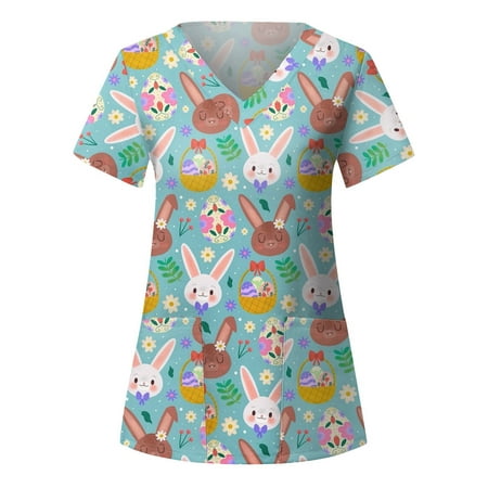 

Easter Scrub Top for Women Floral Nurse Uniform V Neck Working Uniform Medical Bunny Pattern Shirt 2 Pockets Workwear