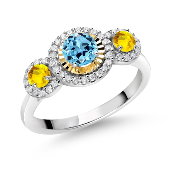 Gem Stone King 0.83 Ct Round Swiss Blue Topaz Yellow Sapphire 925 Silver and 10K Yellow Gold 3 Stone Women's Lab Grown Diamond Ring (Size 9)