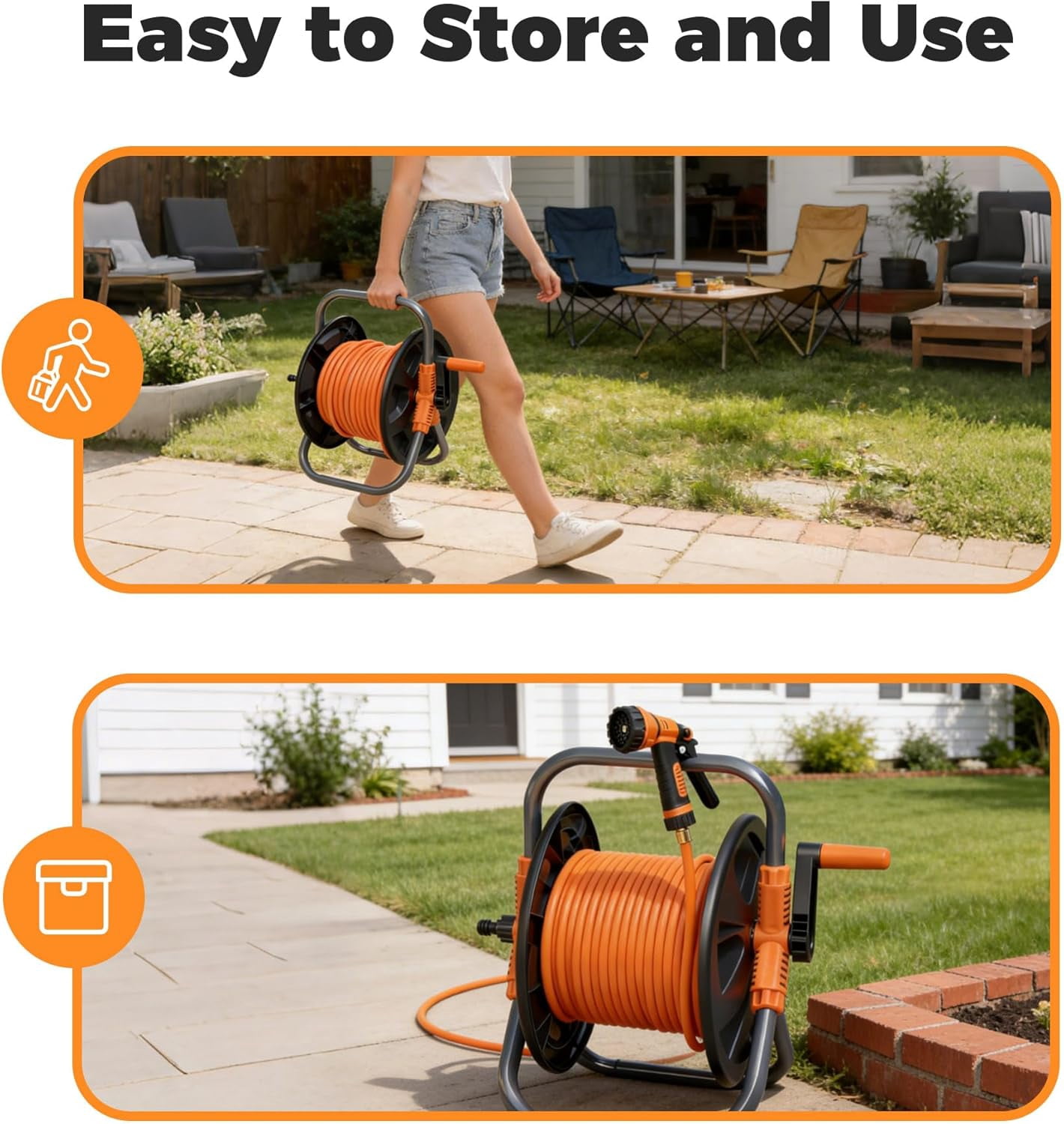 Garden Water Hose Reel Cart, Holds up to 50-80 Feet of 5/8-Inch Hose, Portable Hose Holder for Convenient Hose Storage and Watering