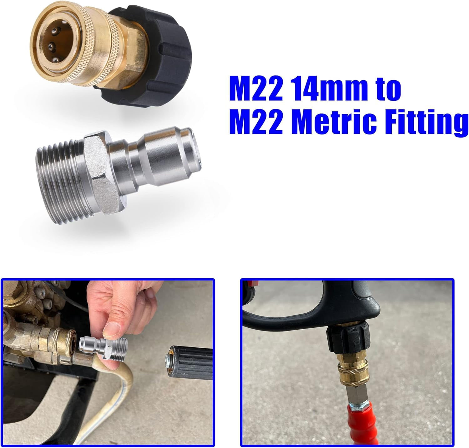 HRTGFD-Pressure Washer Adapter Set, M22 to 3/8" Quick Connect for Pressure Washer Hose, M22 14mm to M22 Metric Fitting, 5000 PSI