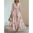 thumbnail image 6 of Women's V Neck Floral Printed Pleated Dress Long Sleeve Flowy A Line Party Maxi Cocktail Dresses Pink XXL, 6 of 7
