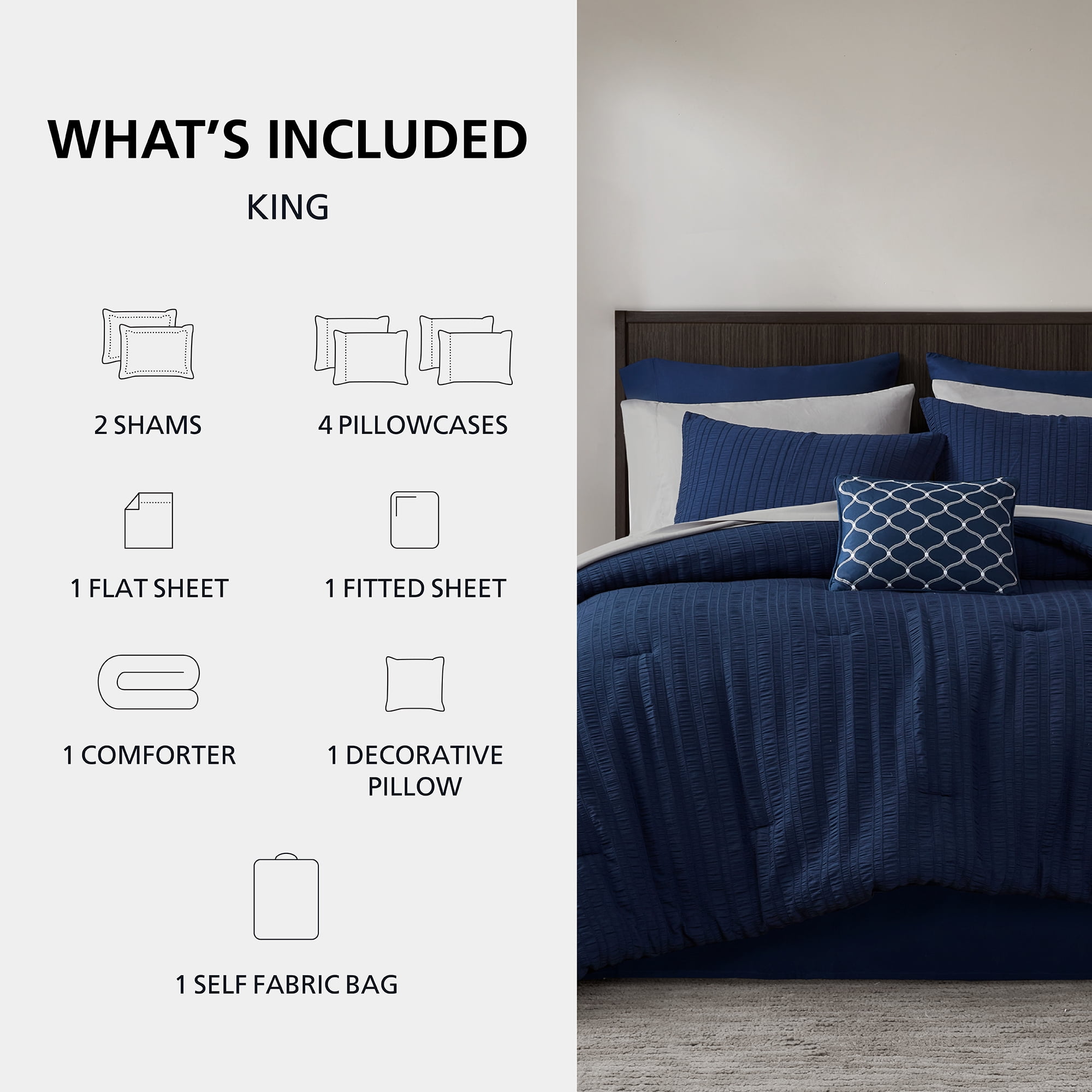 Mainstays Reversible Bed-in-a-Bag Comforter Set with Sheets, 11 Piece, King, Navy Seersucker