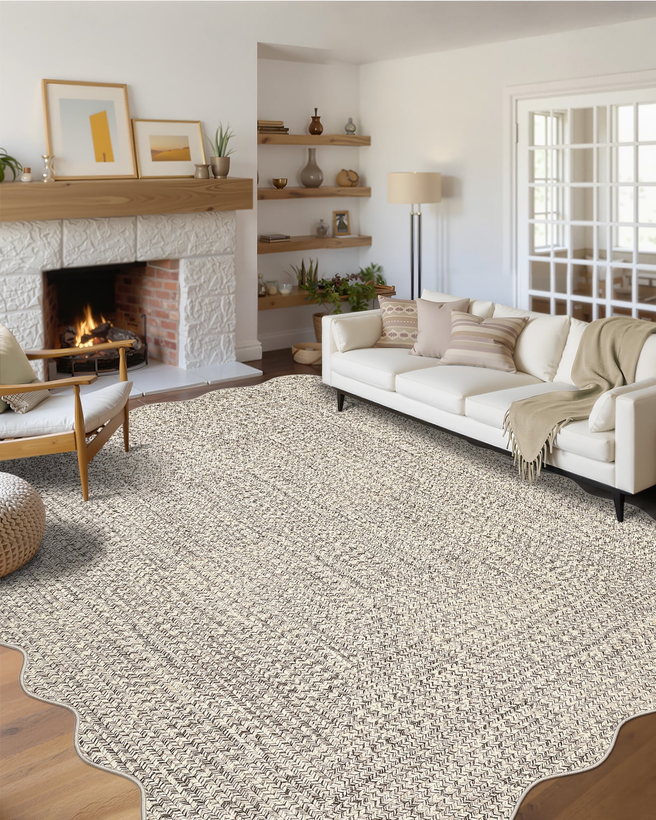 Garvee 10'x13' Scalloped Rug Farmhouse Braided Print Carpet, Washable Rug Soft Non Slip Low Pile Rug Indoor Neutral Carpet for Living Room Bedroom Dining Room, Beige Gray