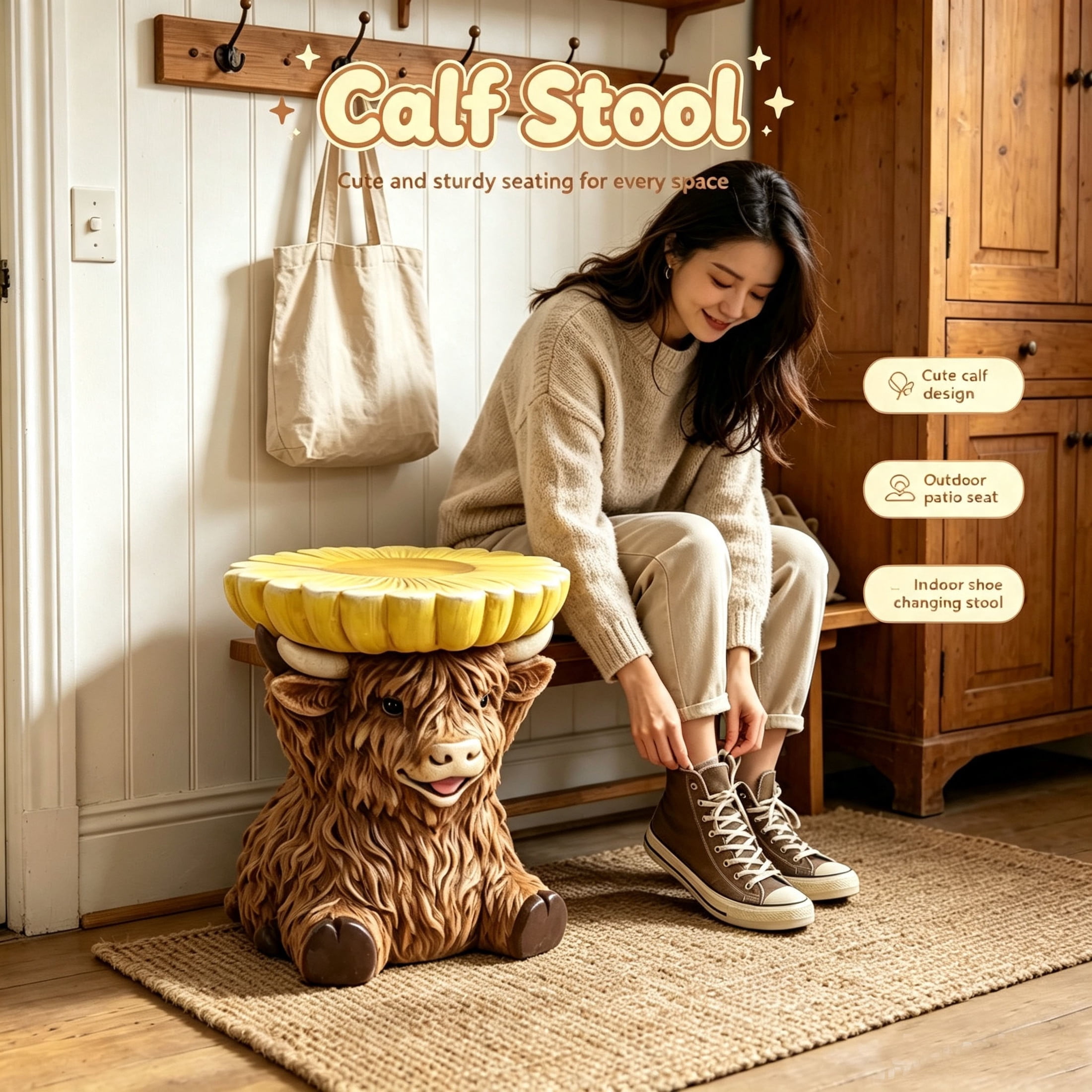 Noble House Highland Cow Stool, Cute Animal Side Table Decor, Outdoor Creative Figurine Seat for Patio, Garden, Brown