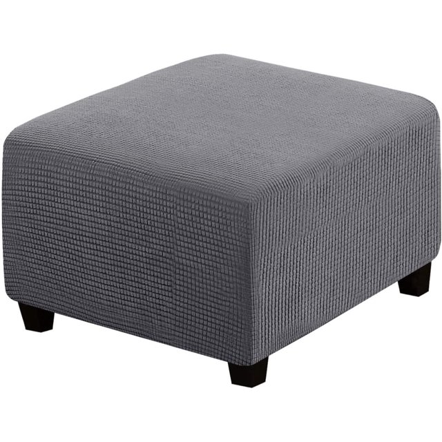 Stretch Footstool Cover Square Footstool Slipcovers Foot Stool Covers to Fit Footstool Foot Rest, Thick Checked Jacquard Fabric with Elastic Bottom(Gray,33-43CM/13-17IN)