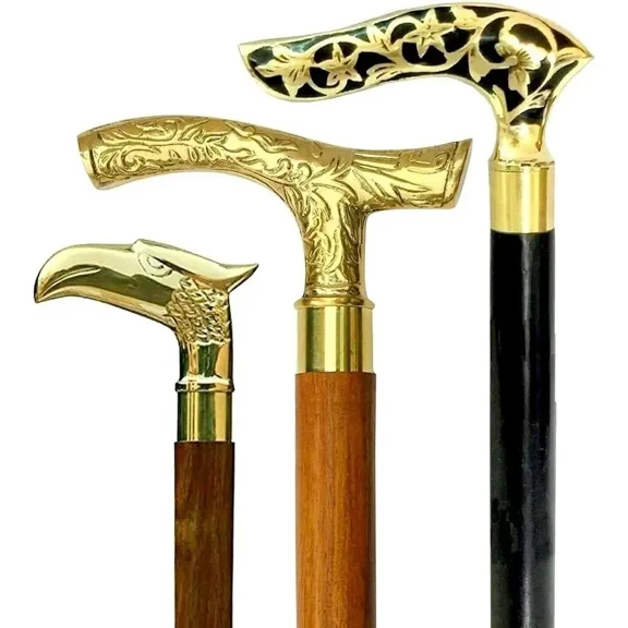 Global Antiques Antique Brass Walking Stick Handles Only – Set of 3 Decorative Cane Toppers, Handmade Replacement Brass Heads for Wooden Vintage Canes