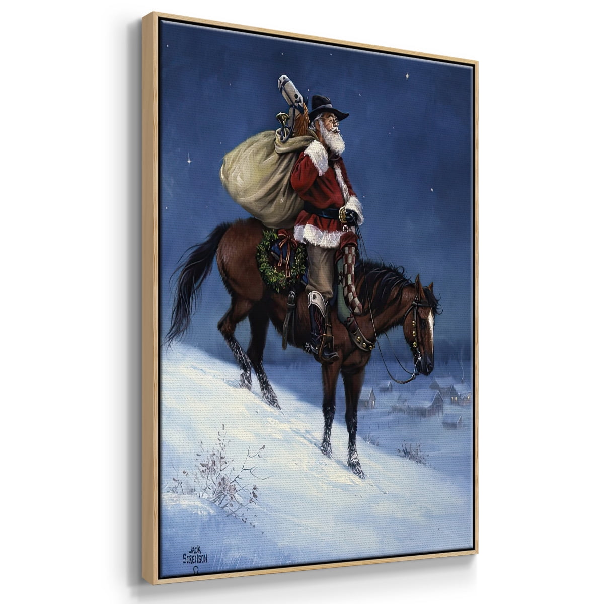 A Cowboy Christmas - Framed Gallery Wrapped Holiday Canvas - 25 x 37 - Natural Wood Frame