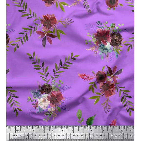 Soimoi Purple Cotton Duck Fabric Leaves & Faith Rose Floral Fabric Prints By Yard 44 Inch Wide