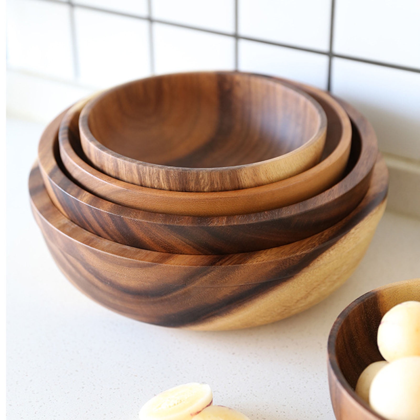 Acacia Wood Small Appetizer Round Seasoning Bowls Small 5 Wide 1 Depth Set of 4