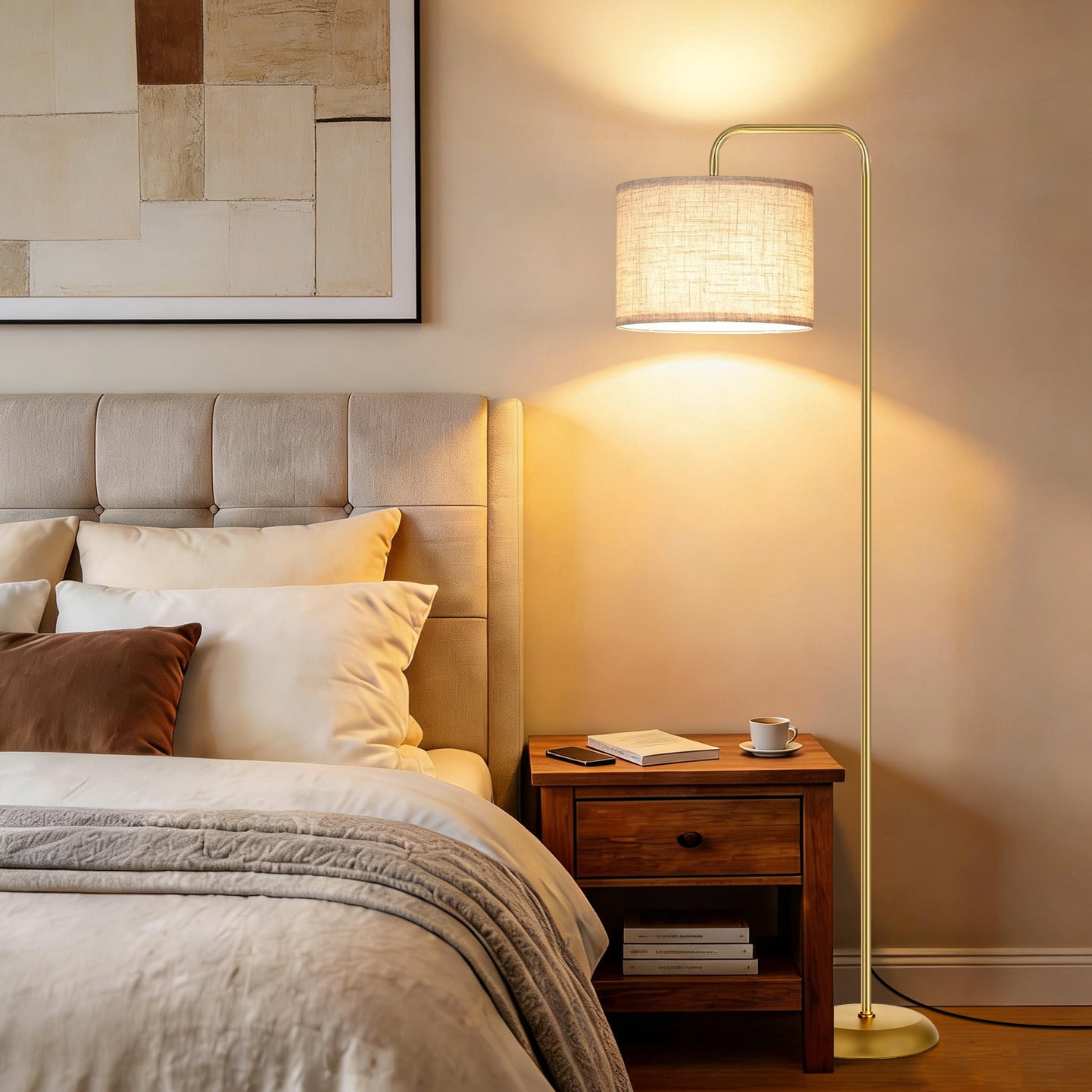 DAYBETTER Floor Lamp for Living Room, Tall Standing Lamp with 3 Color Temperatures, 850 Lumens LED Bulb, Foot Switch, Modern Metal Pole with White Shade for Bedroom, Office (Golden)