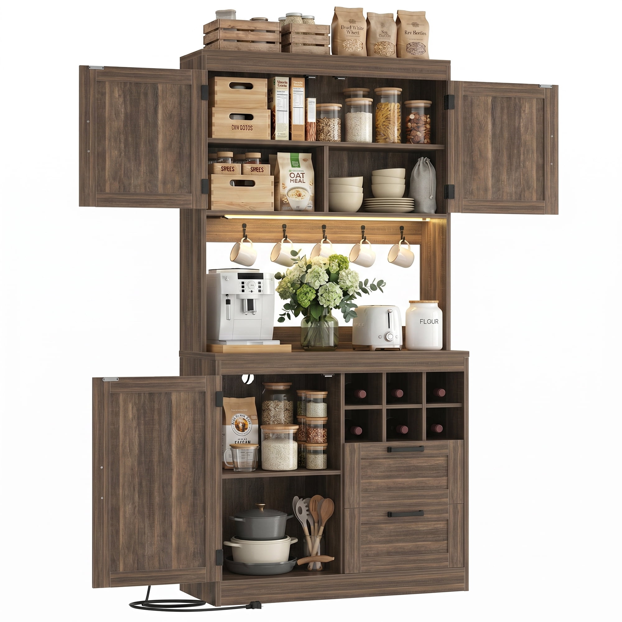 Homieasy 72'' Tall Pantry Cabinet with 2 Drawers and Doors, Farmhouse Kitchen Cupboard with Power Outlets and Lights, Weathered Brown