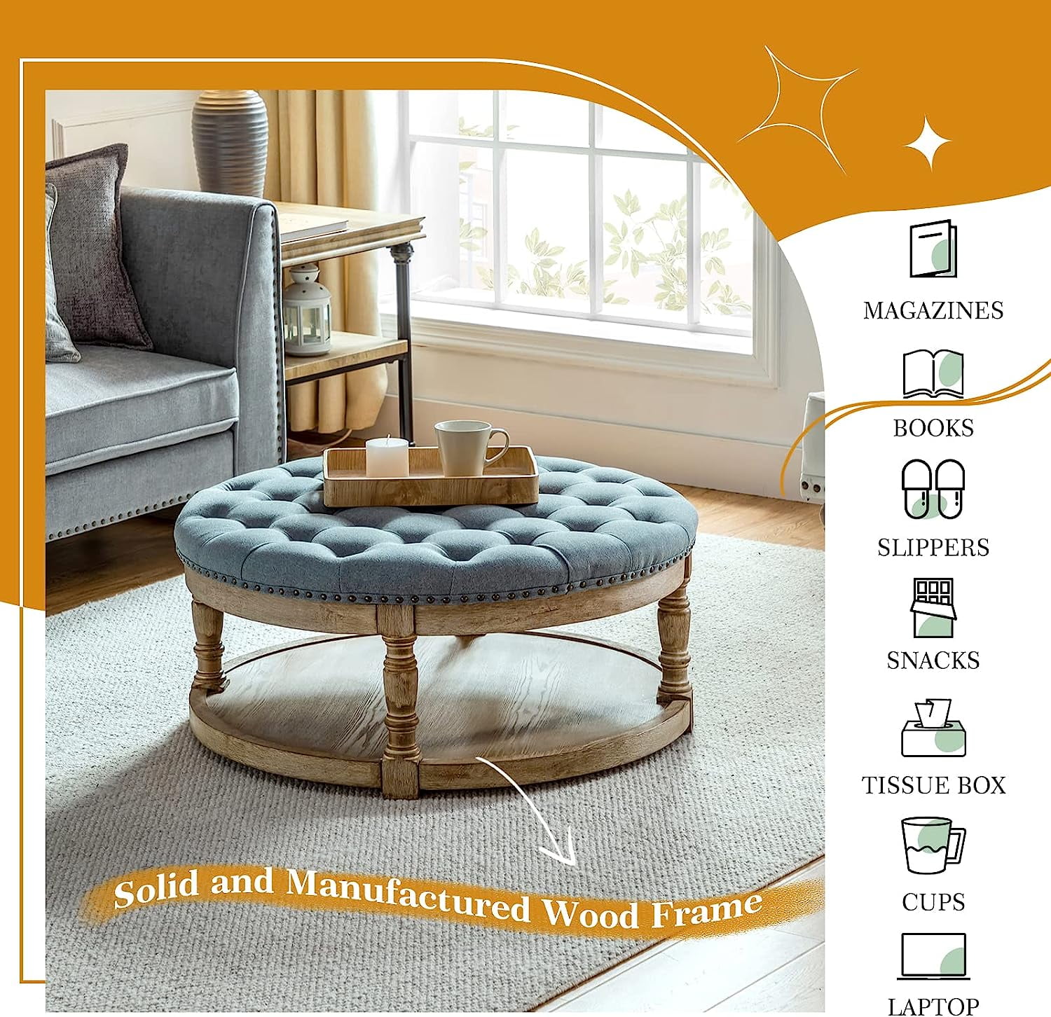 Upholstered Round Ottoman with Storage Button Tufted Solid