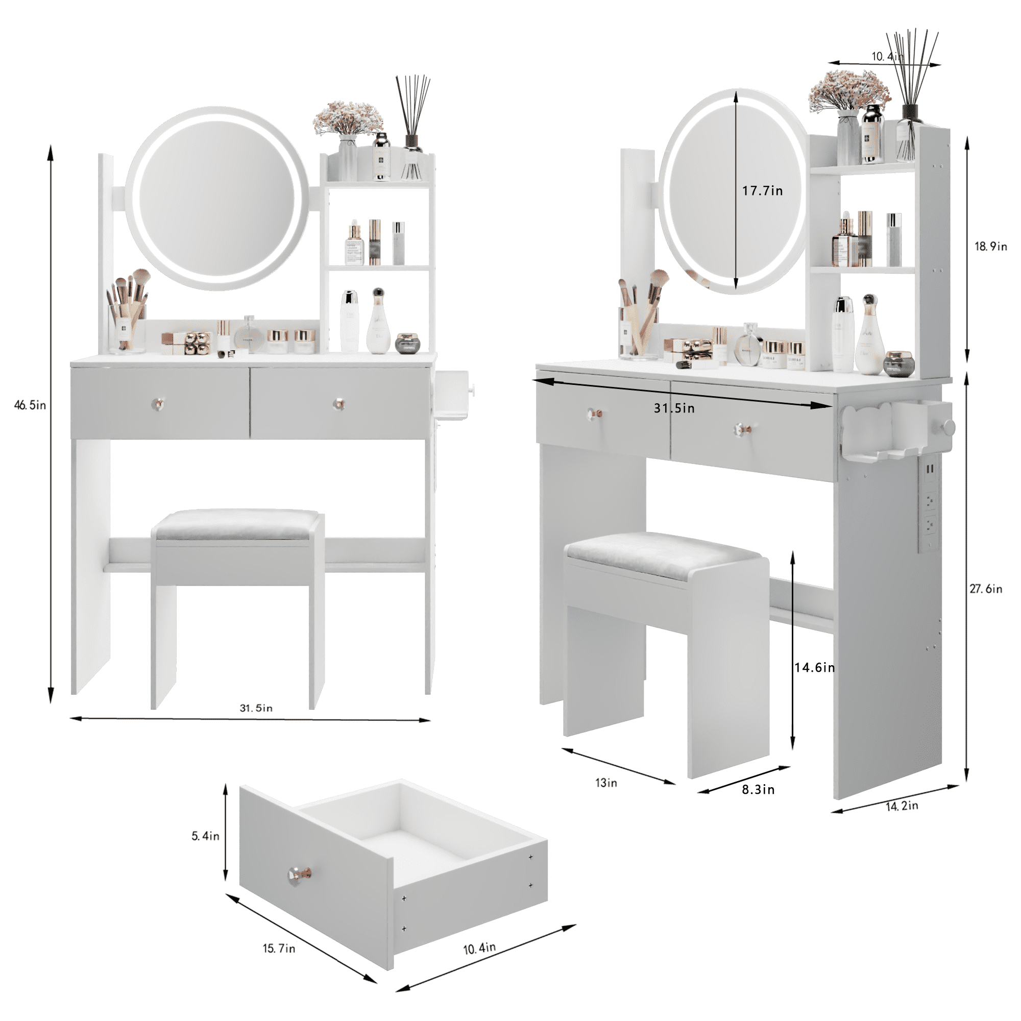 Leumius Makeup Vanity Desk with Mirror and Lights,Dressing Table with 2 Drawers,3 Color Lighting Brightness,Power Outlet & Hairdryer Holder,Spacious Drawer Makeup Table for Bedroom,White