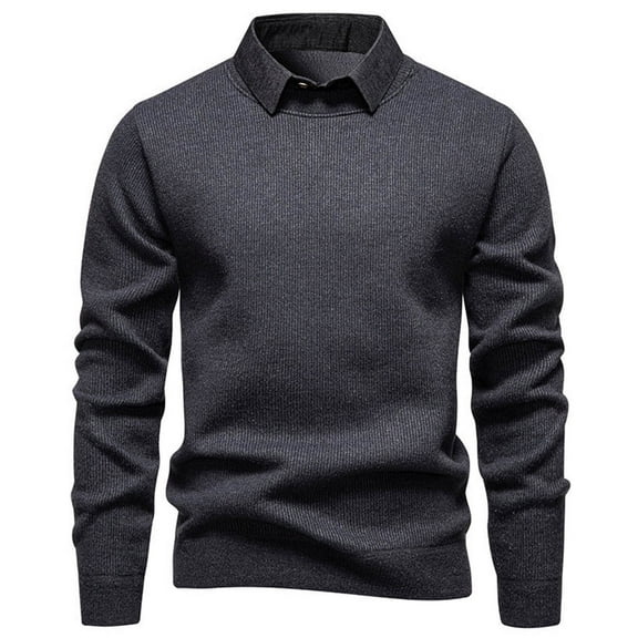 Men Casual Sweaters 2 in 1 Pullover Tops Knit Long Sleeve Sweater Warm Fall Winter Base Layer Business Top Dark Gray L