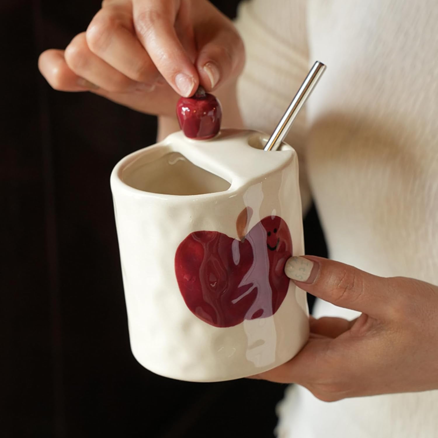 ABCISI Ceramic Coffee Mug, 10oz 3D Apple Espresso Cup for Kitchen Home Office, Novelty Porcelain Coffee Cup with Hand-Painted Apple for Water, Milk, Tea, Lovely Present and Home Decor, Red