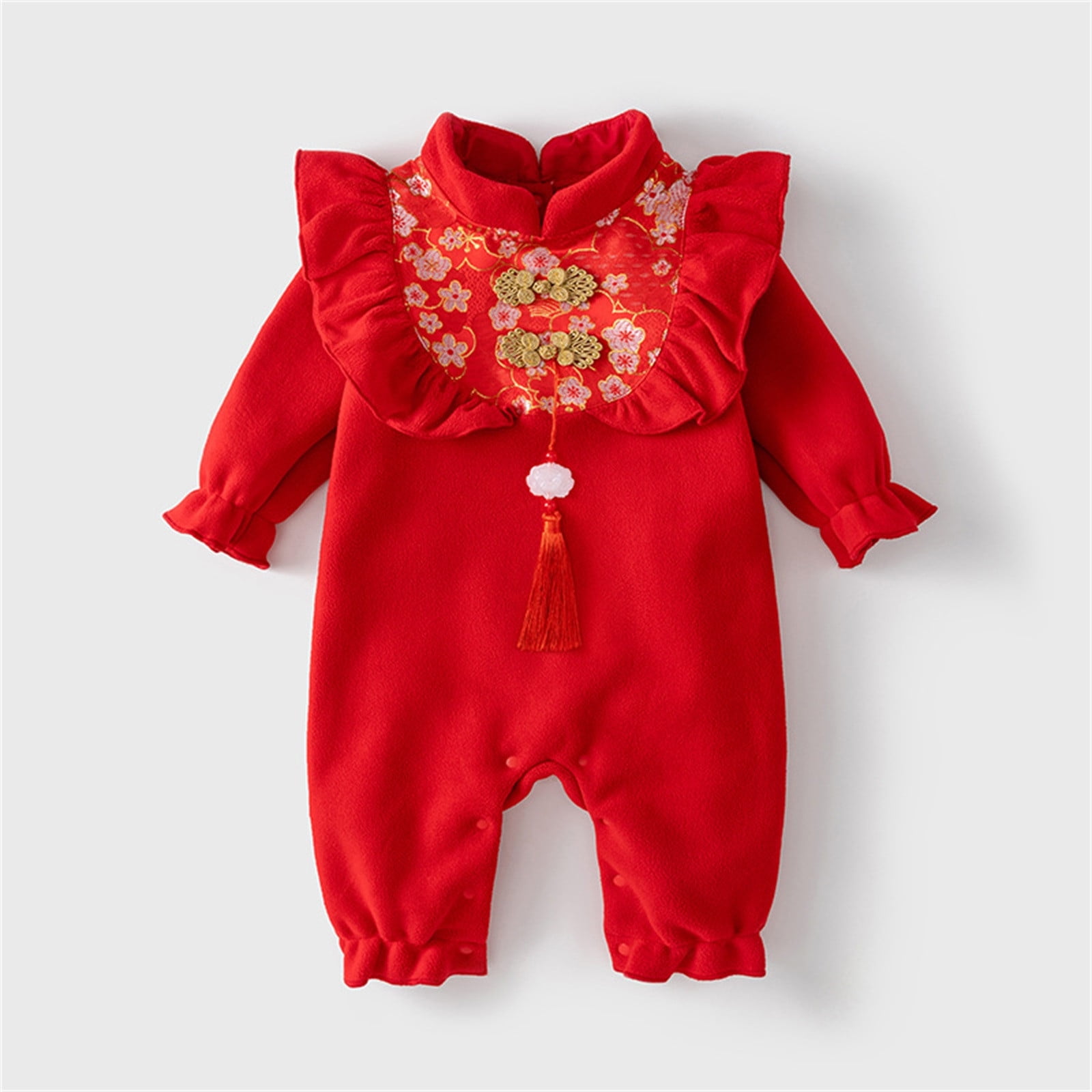 Glisme Long Sleeve Onesies Girl Newborn Ruffle Romper For Chinese Year Thermal Lined Warm Jumpsuit Embroidery Tang Suit Performance Lightweight Playsuit Size 90 Red