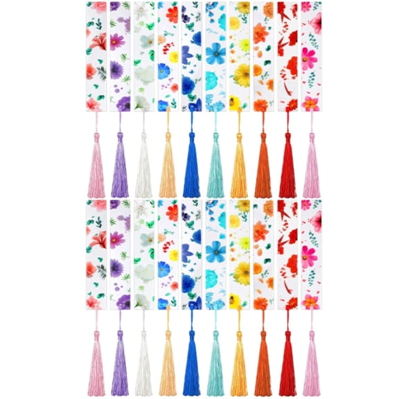 20Pcs Cute Acrylic Floral Page Markers, Transparent Flower Bookmarks with Tassels for Gifts