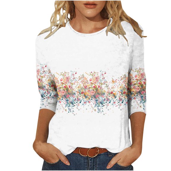 Kezqiaxn Plus Size Shirts for Women 3/4 Sleeve Crew Neck Work Blouses Summer Tops Trendy Fashion Women's Clothing