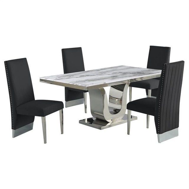 White Marble 5 piece Dining Set with Silver Stainless Steel Base