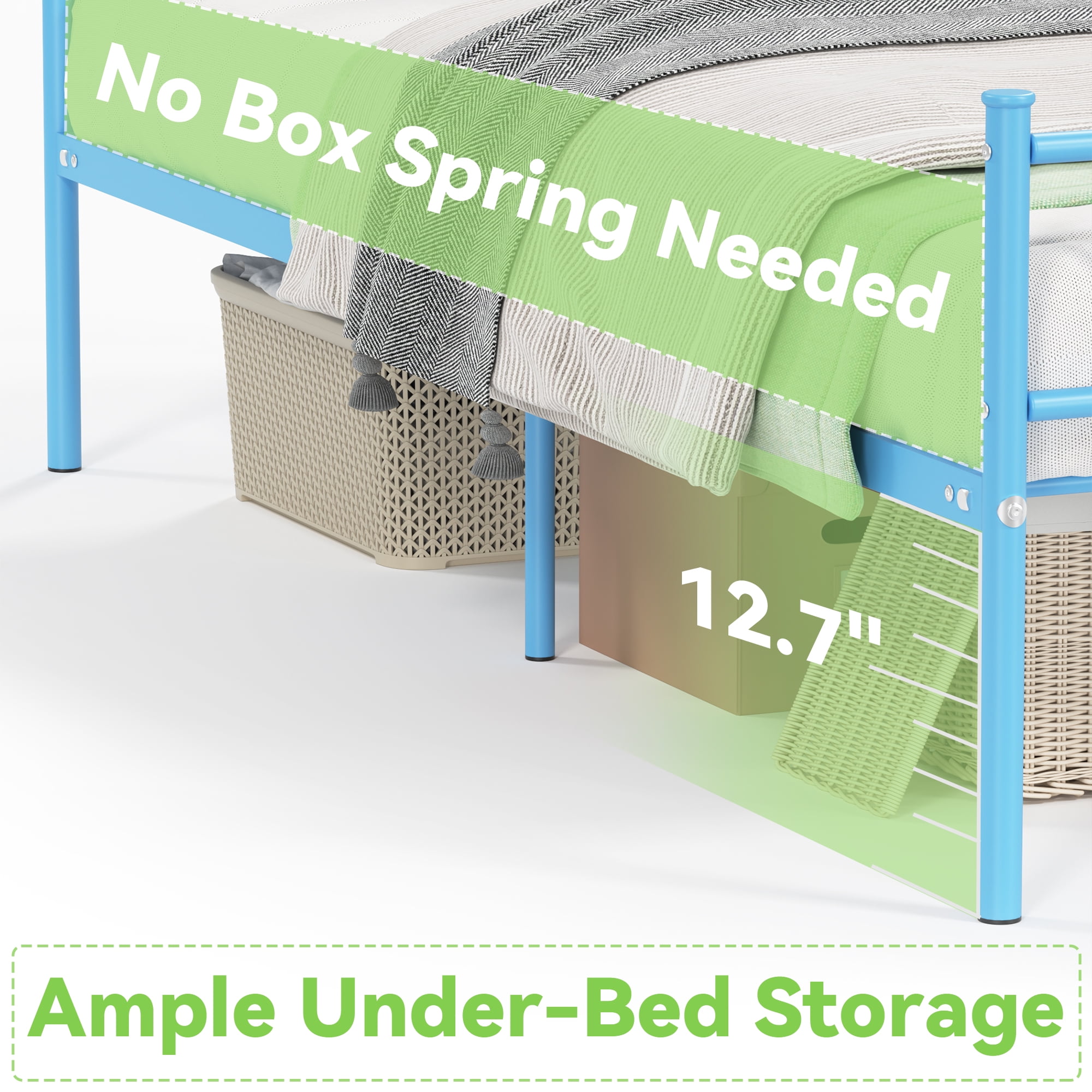 Yoneston Kids Twin Size Metal Platform Bed Frame Single Bed with Bowknot Headboards for Boys Bedroom Furniture – Light Blue