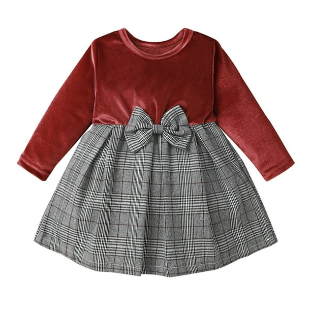 Ziyixin Ziyixin Kids Baby Girl S Causal Long Sleeved Velvet Dress Plaid Stitching Bowknot Round Neck Children Princess Dress Walmart Com Walmart Com