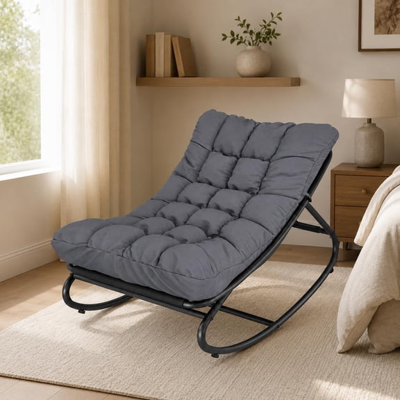 Rocking Chair with Metal Frame, Adjustable Papasan Rocker with Waterproof Comfy Cushion, 450 lbs Indoor Outdoor Lounge Chair for Porch Garden Balcony