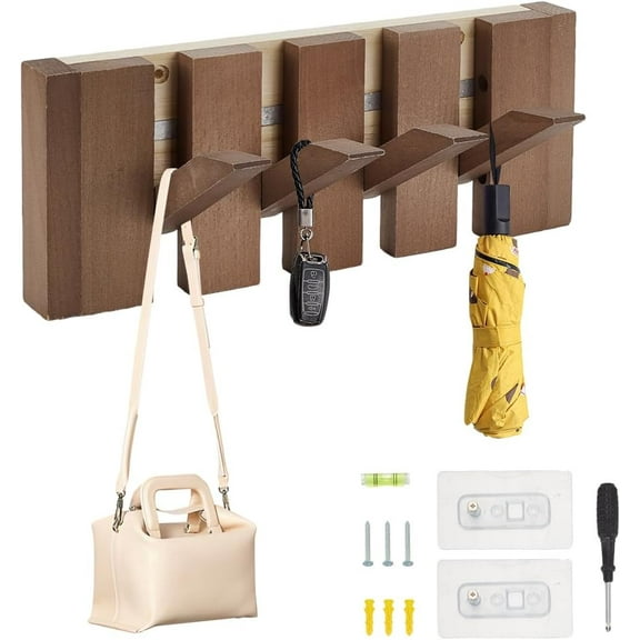 Natural Wood Wall Mounted Piano Coat Rack Coat Hooks Hanger Wood Wall Mounted with 4 Hooks Flip Down Wall Hook for Hanging Coats Keys Hats Towels Bags