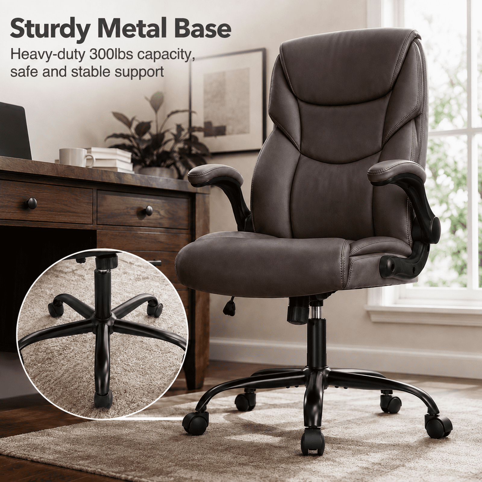 Alvantor PU Leather Executive Office Chair, Ergonomic Big and Tall Computer Desk Chairs, Breathable Leather Chair with Adjustable Flip-up Armrests, Adjustable Lumbar Support, Heavy Duty 300lbs