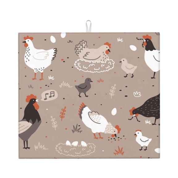 Vsdgher Chicken Print Dish Drying Mat, Kitchen Counter Mat, Dish Drying Pad for Dishes, Utensils, Pots and Pans,16" x 18"