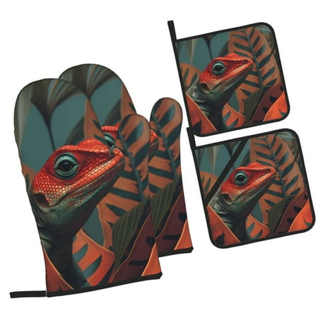 

Sikiie Colorful Reptile And Leaves Oven Mitts and Pot Holders Silicone Oven Gloves Heat Resistant Oven Mitts 4Pcs Set