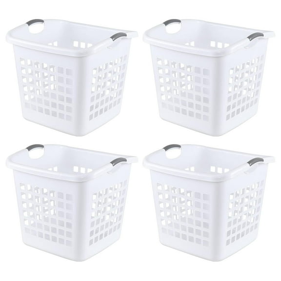 2 Bushel Square Tall Plastic Laundry Basket, 72 L Large Plastic Hamper with Carry Handle, White, 4 Pack