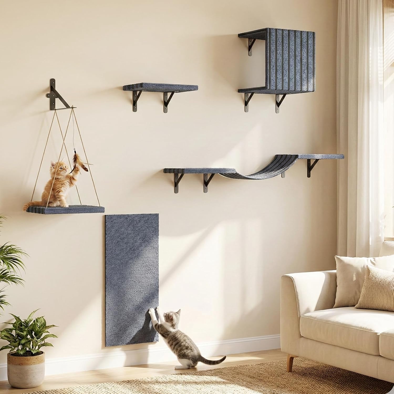 5-in-1 Cat Wall Shelves Set, Premium Solid Wood for Stable & Safe, Space Saving Wall Mounted Cat Perch & Steps for Indoor Cats, Modern Wood Cat Walkway, with Interactive Cat Swing
