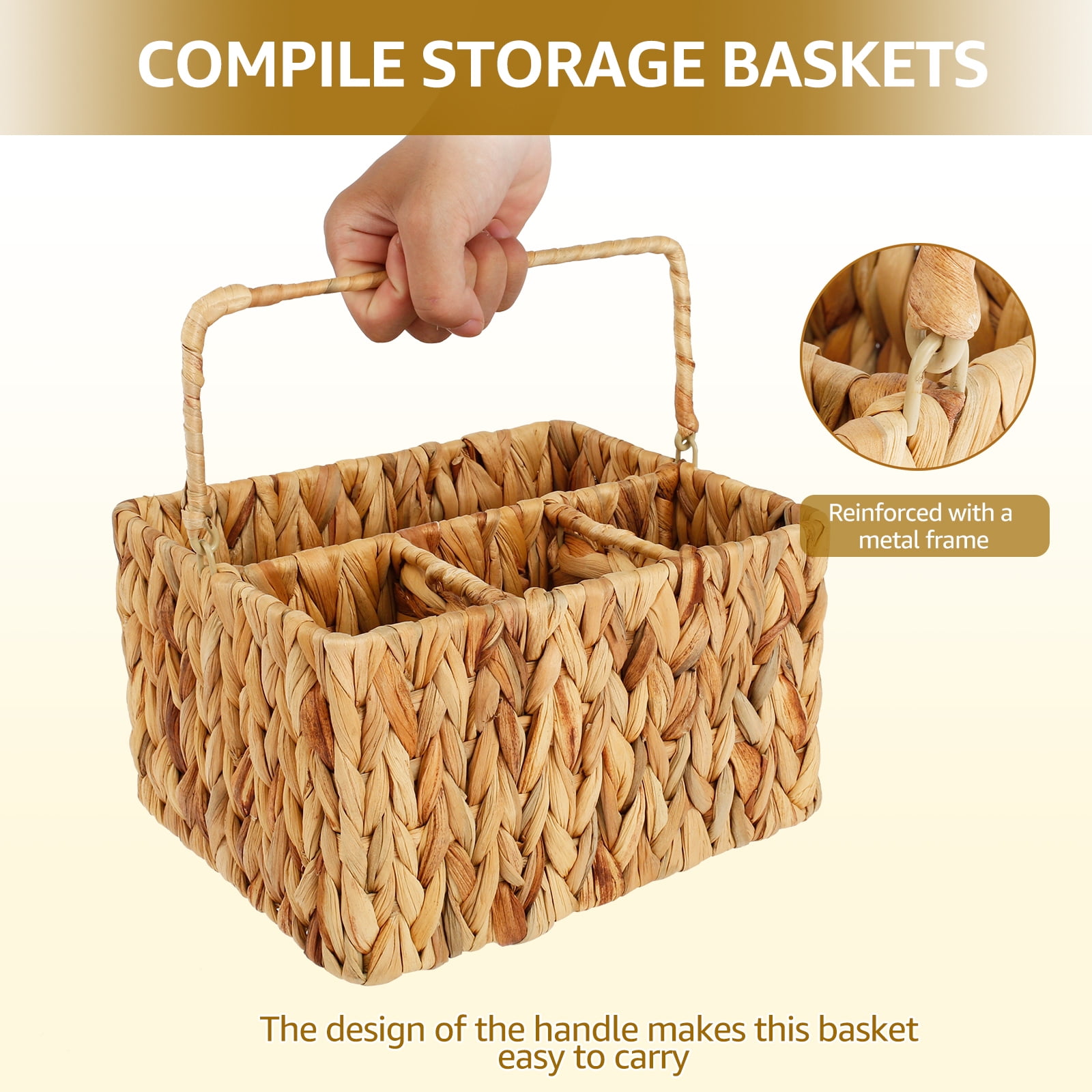 NUAHRHY Woven Utensil Caddy with 4 Compartments and Handle Natural Utensil Basket Stable Utensil Holder Multifunctional Utensil and Napkin Holder for Plates and Utensils